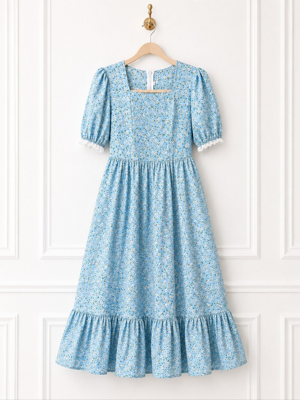 Blue Floral Cottagecore Midi Dress Size XL Puff Sleeve Square Neck Romantic - Picture 6 of 9